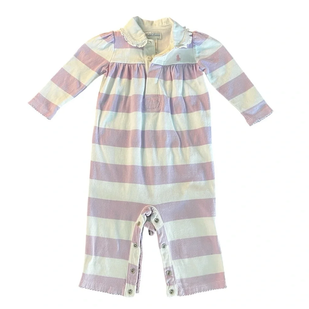 Ralph Lauren Striped Lavender & White Cotton Baby Onsie Size 6 Months